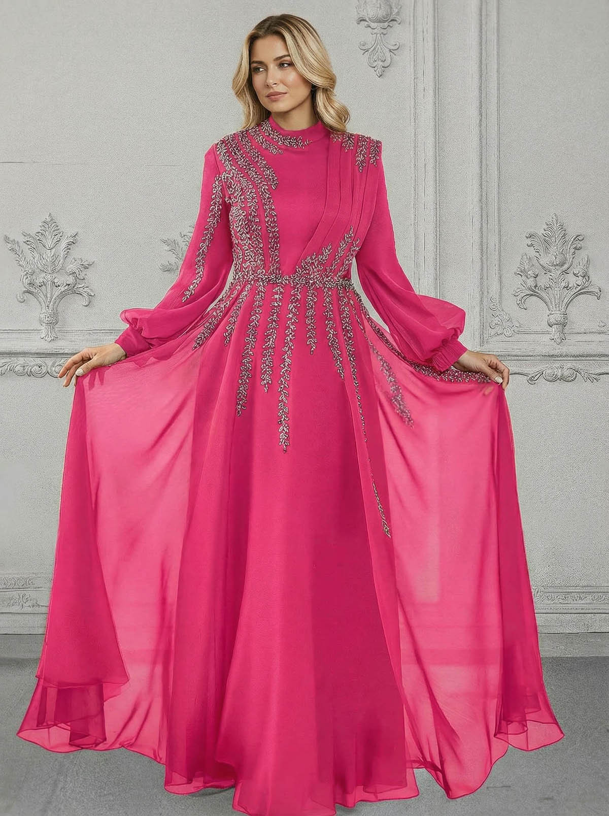 Elegant A-Line High Neck Long Sleeves Chiffon Mother Of The Bride Dresses With Sequins