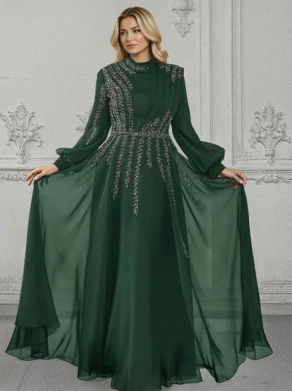 Elegant A-Line High Neck Long Sleeves Chiffon Mother Of The Bride Dresses With Sequins