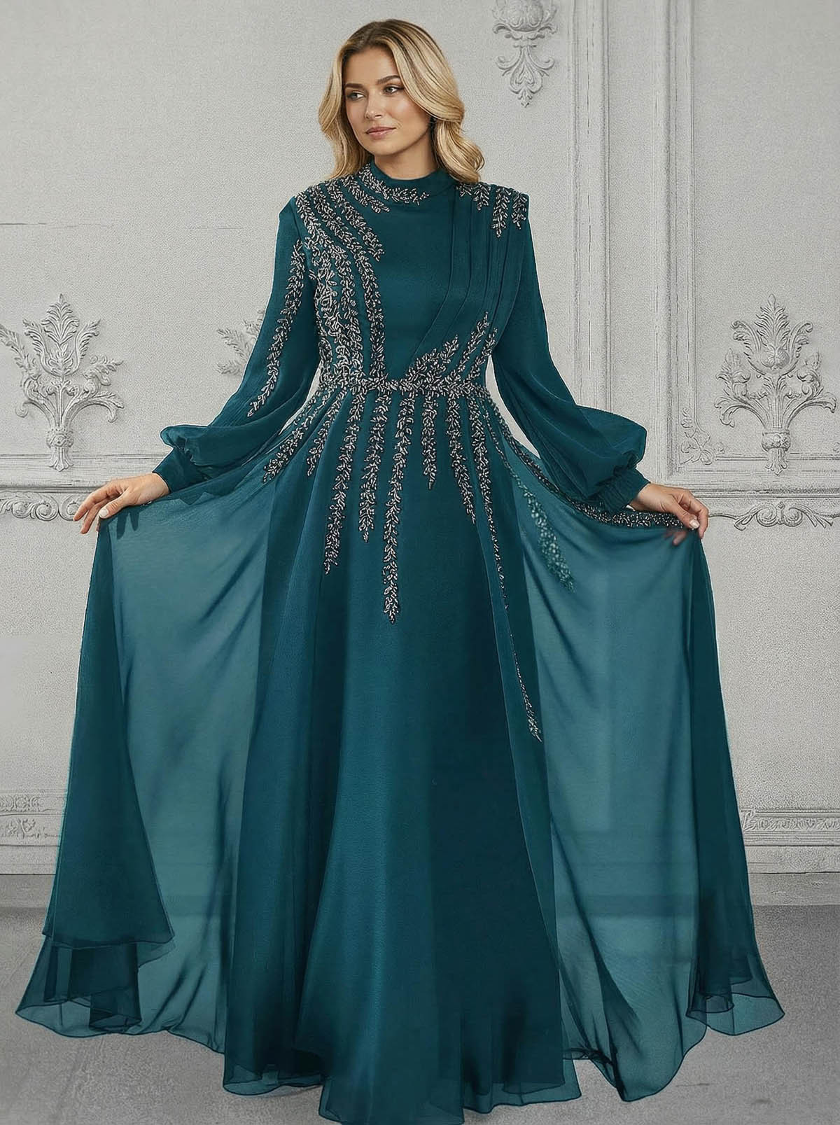 Elegant A-Line High Neck Long Sleeves Chiffon Mother Of The Bride Dresses With Sequins