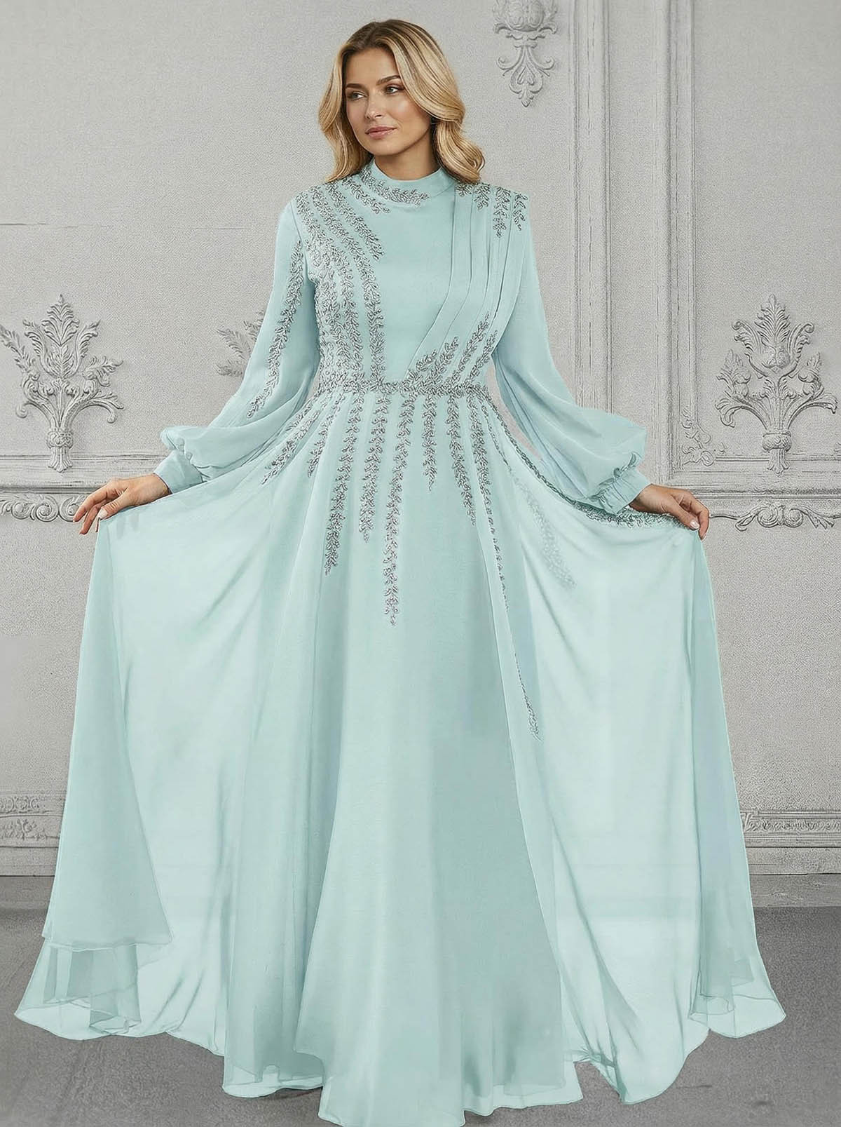 Elegant A-Line High Neck Long Sleeves Chiffon Mother Of The Bride Dresses With Sequins