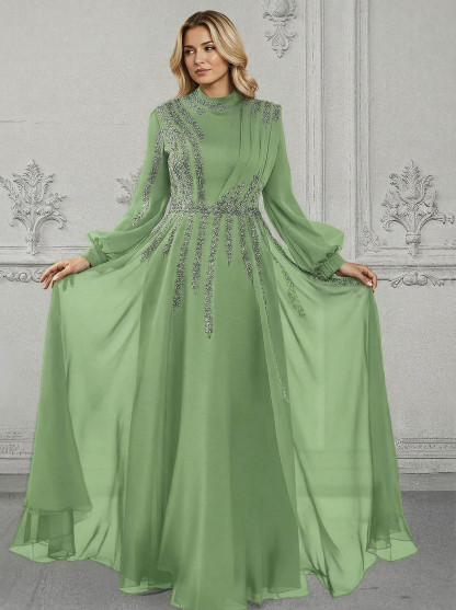 Elegant A-Line High Neck Long Sleeves Chiffon Mother Of The Bride Dresses With Sequins