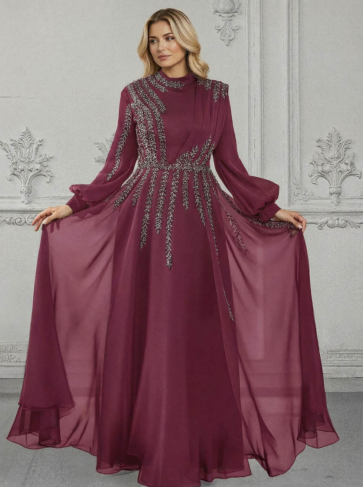 Elegant A-Line High Neck Long Sleeves Chiffon Mother Of The Bride Dresses With Sequins