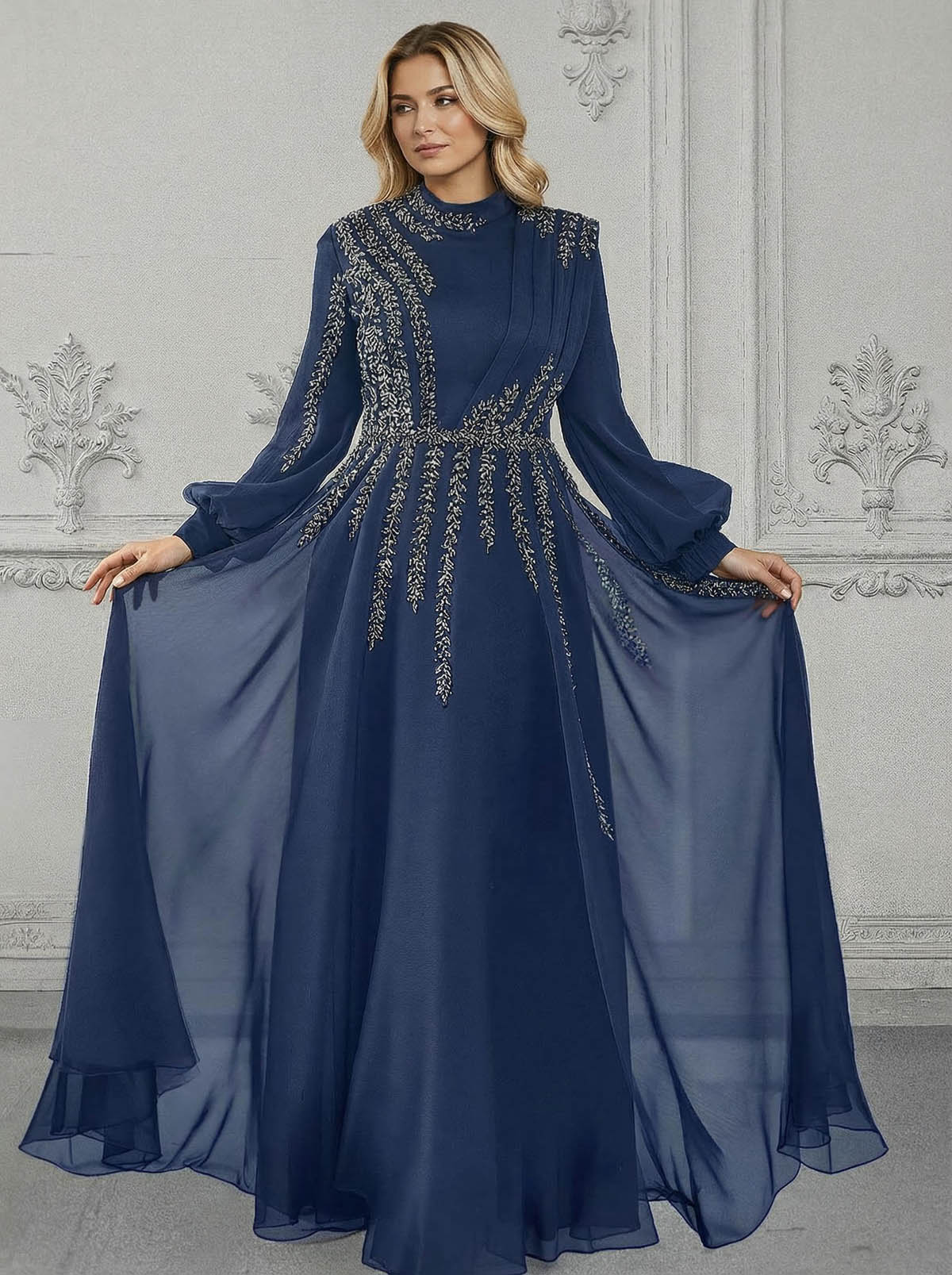 Elegant A-Line High Neck Long Sleeves Chiffon Mother Of The Bride Dresses With Sequins