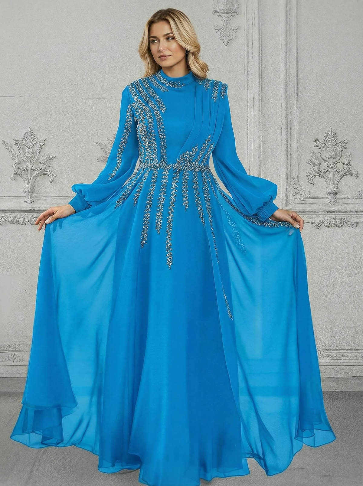 Elegant A-Line High Neck Long Sleeves Chiffon Mother Of The Bride Dresses With Sequins