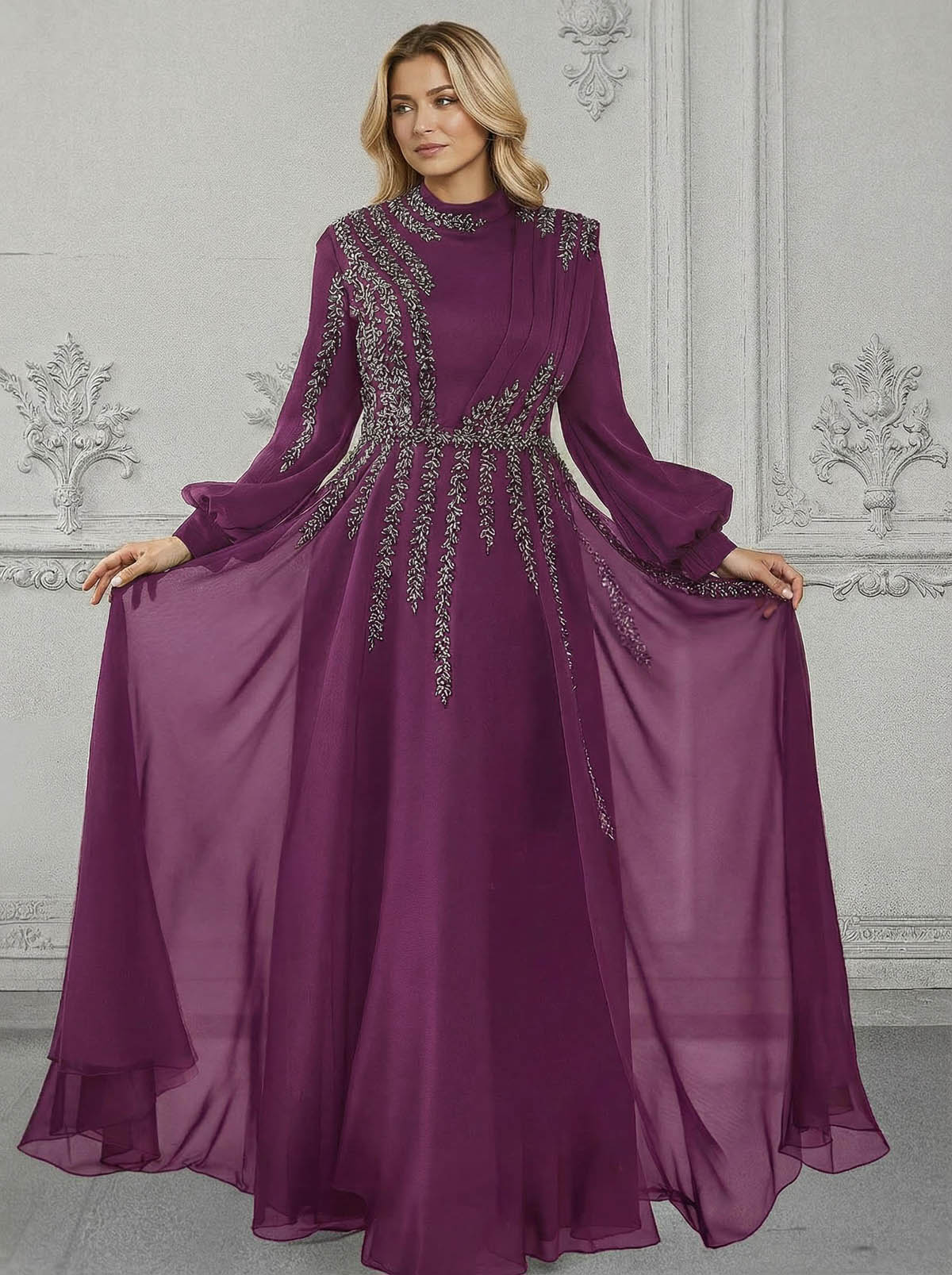 Elegant A-Line High Neck Long Sleeves Chiffon Mother Of The Bride Dresses With Sequins
