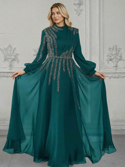 Elegant A-Line High Neck Long Sleeves Chiffon Mother Of The Bride Dresses With Sequins