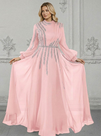 Elegant A-Line High Neck Long Sleeves Chiffon Mother Of The Bride Dresses With Sequins