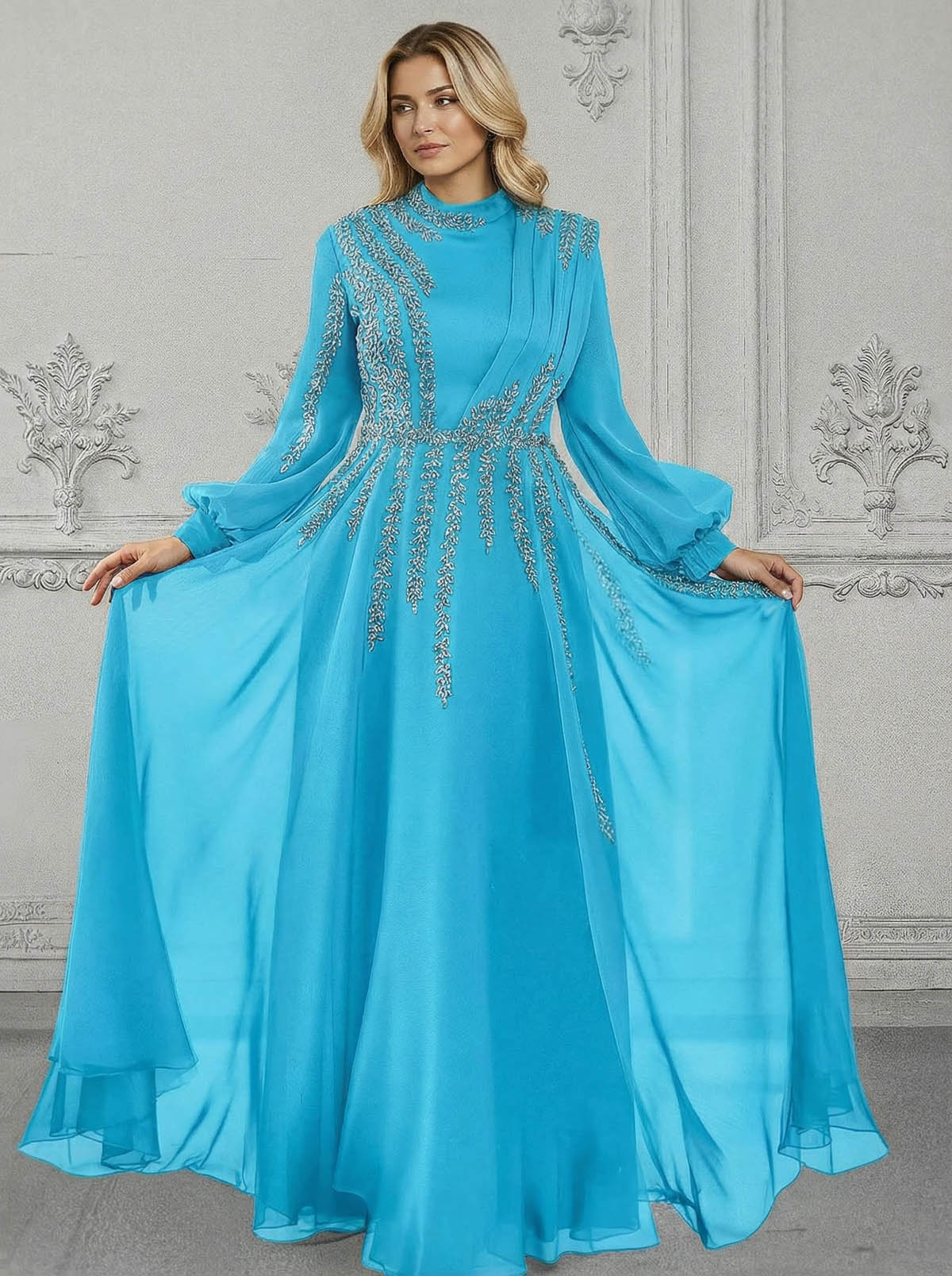 Elegant A-Line High Neck Long Sleeves Chiffon Mother Of The Bride Dresses With Sequins