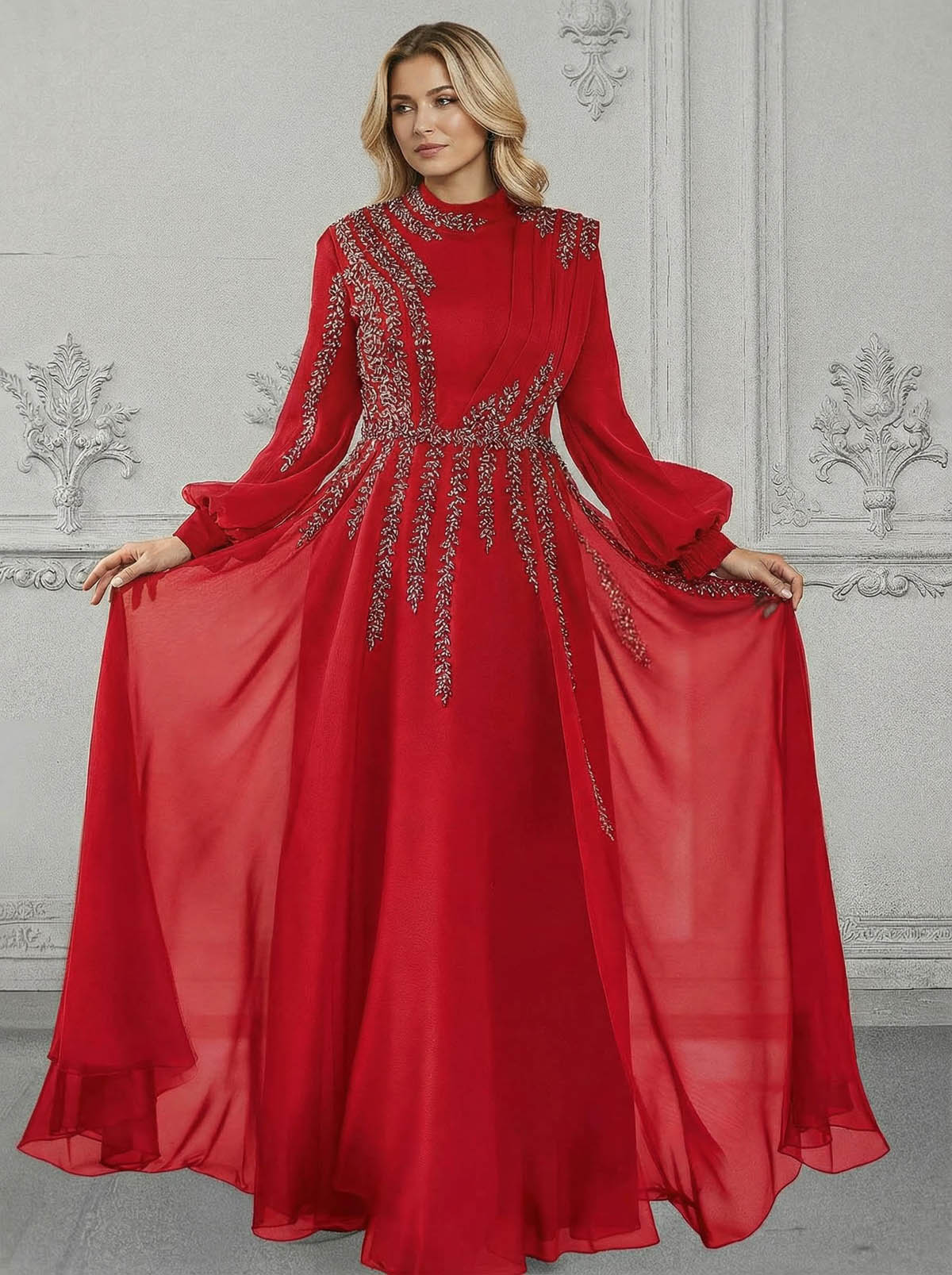 Elegant A-Line High Neck Long Sleeves Chiffon Mother Of The Bride Dresses With Sequins
