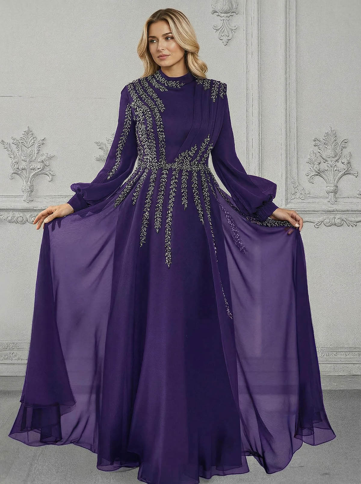 Elegant A-Line High Neck Long Sleeves Chiffon Mother Of The Bride Dresses With Sequins