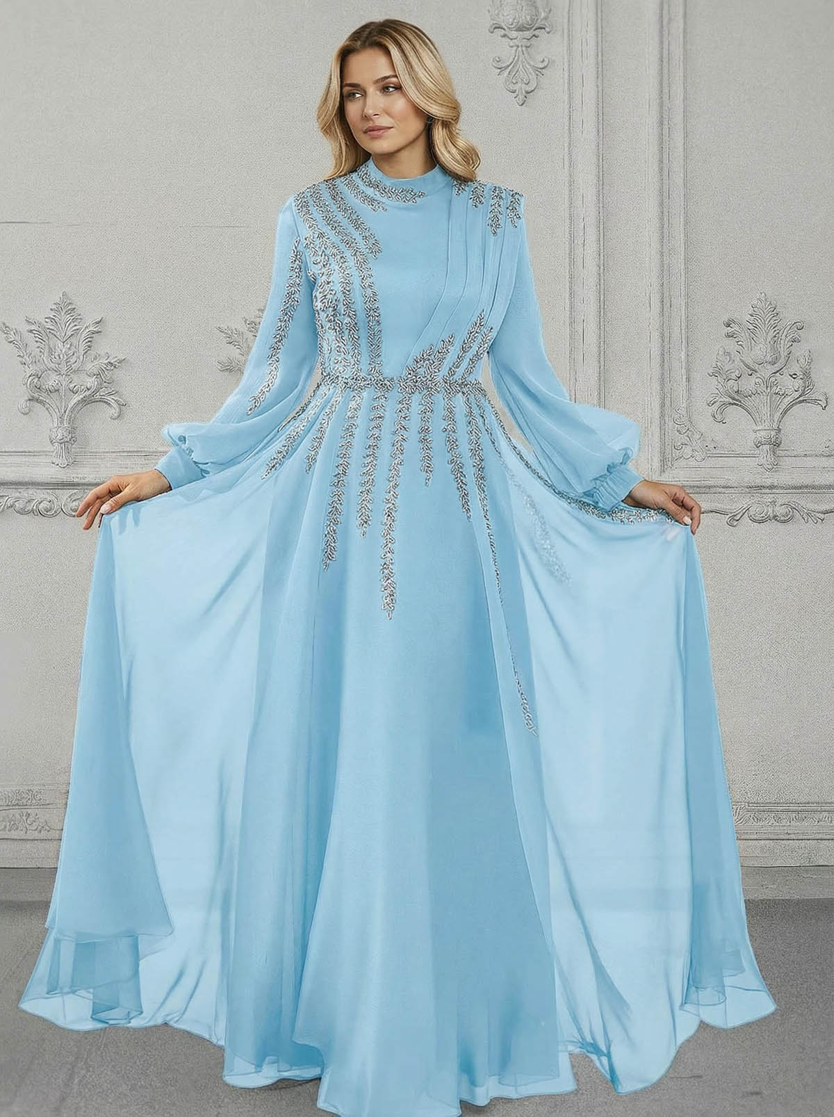 Elegant A-Line High Neck Long Sleeves Chiffon Mother Of The Bride Dresses With Sequins