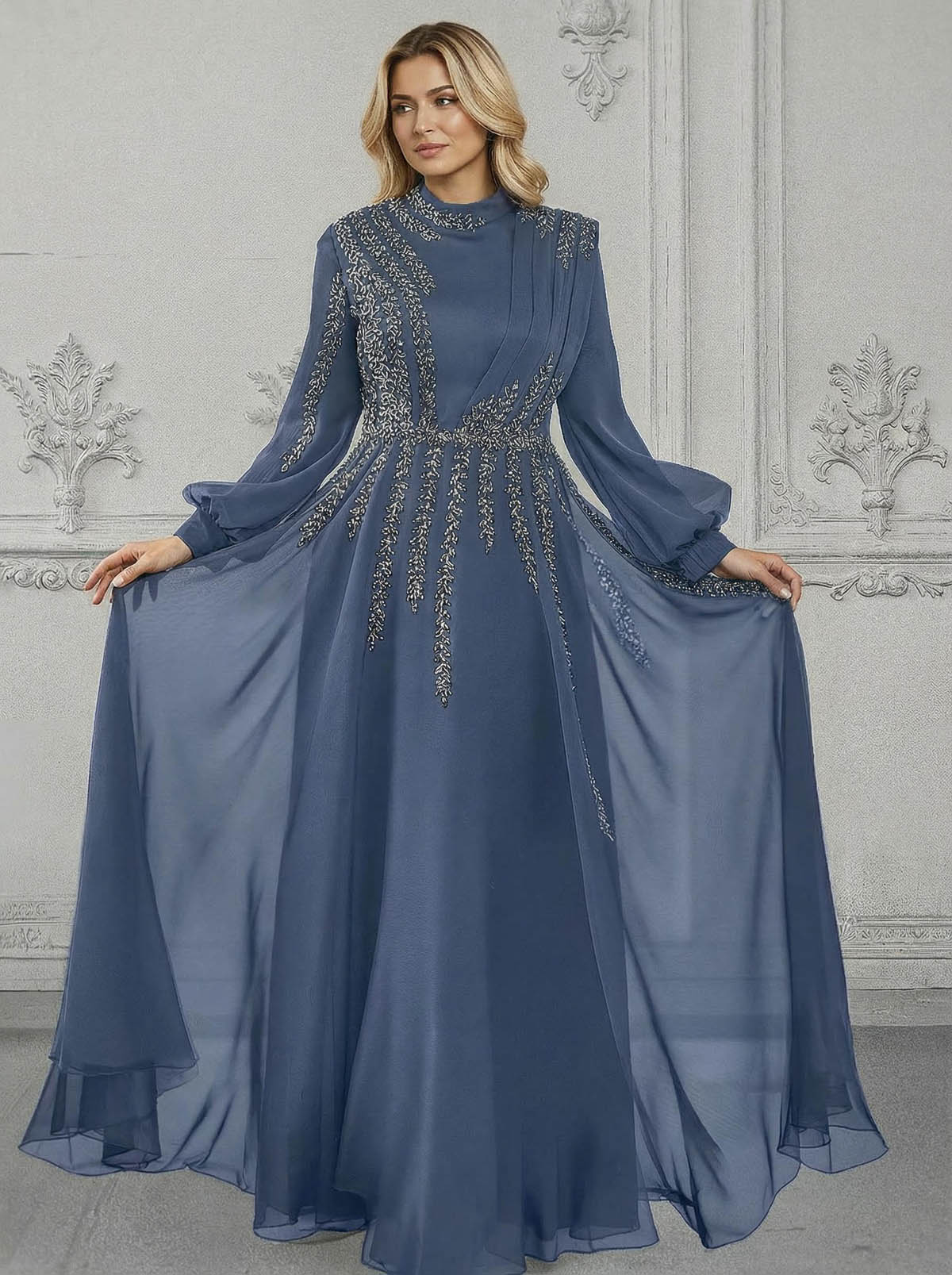 Elegant A-Line High Neck Long Sleeves Chiffon Mother Of The Bride Dresses With Sequins