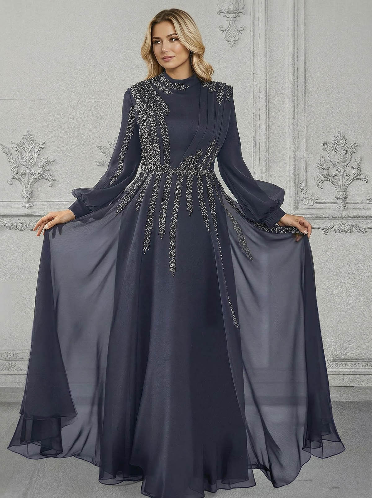 Elegant A-Line High Neck Long Sleeves Chiffon Mother Of The Bride Dresses With Sequins