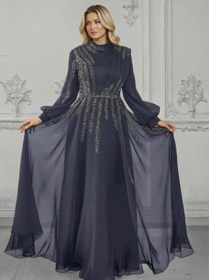 Elegant A-Line High Neck Long Sleeves Chiffon Mother Of The Bride Dresses With Sequins
