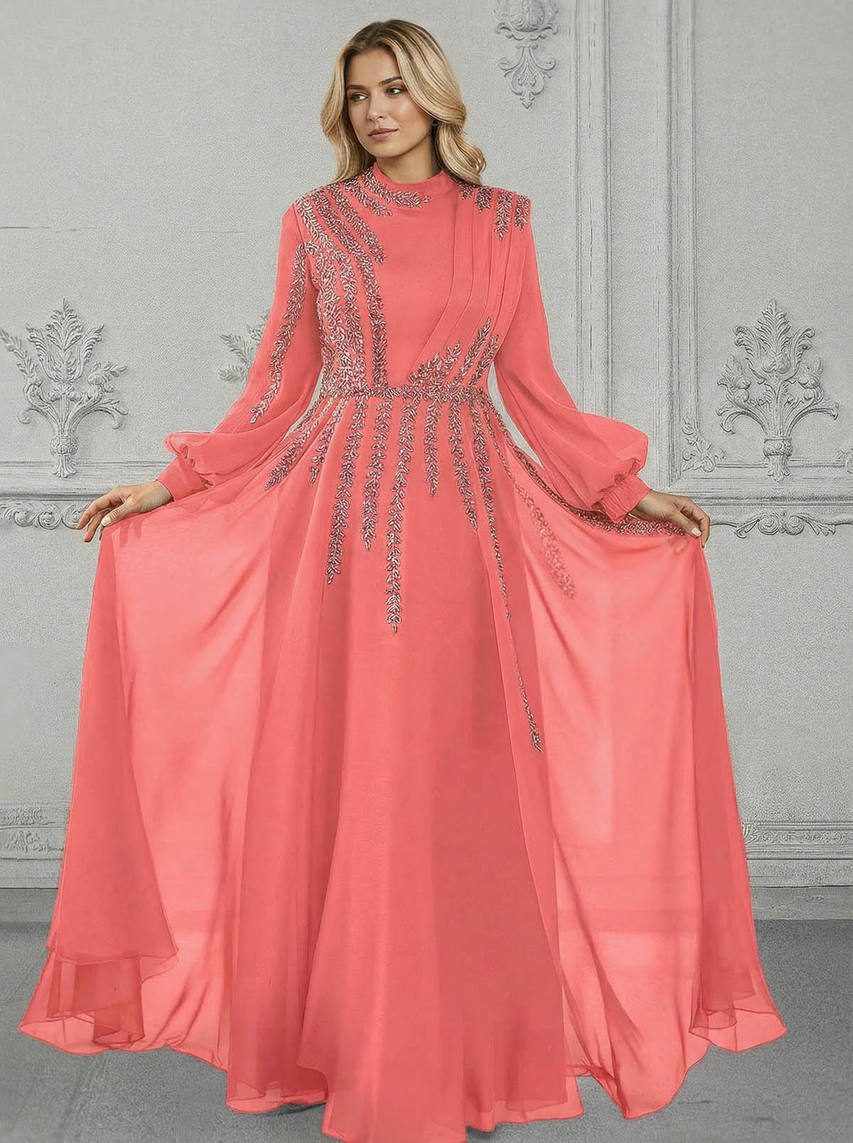 Elegant A-Line High Neck Long Sleeves Chiffon Mother Of The Bride Dresses With Sequins