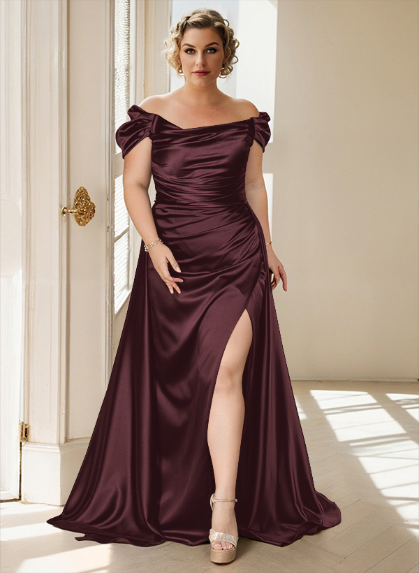 Off-The-Shoulder Silk Like Satin Mother Of The Bride Dresses With Split Front, product image 38