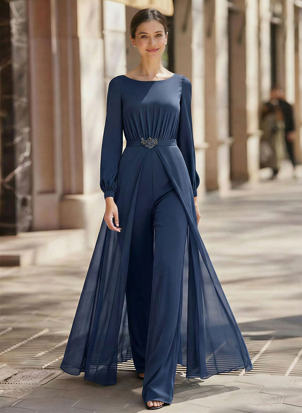 Jumpsuit/Pantsuit Scoop Neck Long Sleeves Floor-Length Chiffon Evening Dresses in Navy Blue, US2