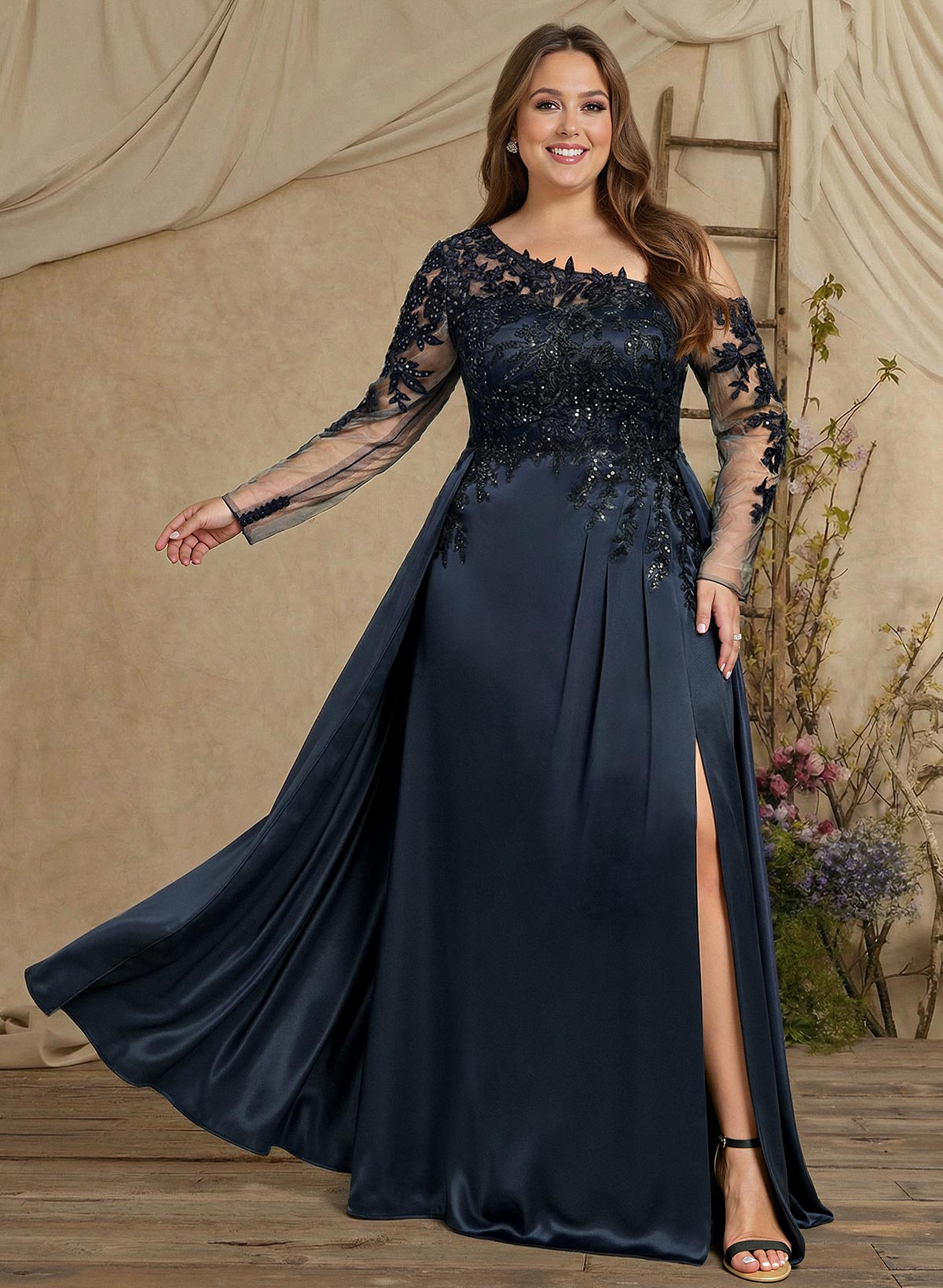 A-Line Asymmetrical Long Sleeves Floor-Length Lace/Satin Mother Of The Bride Dresses With High Split