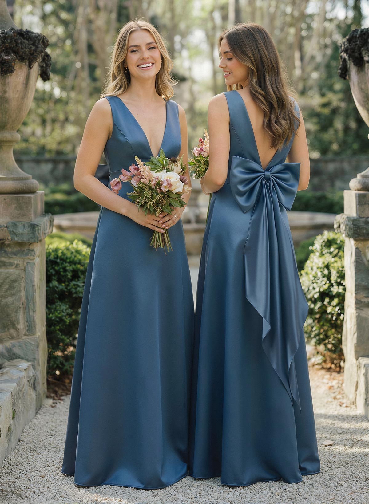 A-Line V-Neck Sleeveless Floor-Length Satin Bridesmaid Dresses With Bow