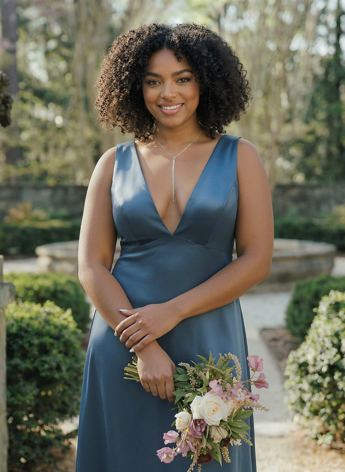 A-Line V-Neck Sleeveless Floor-Length Satin Bridesmaid Dresses With Bow