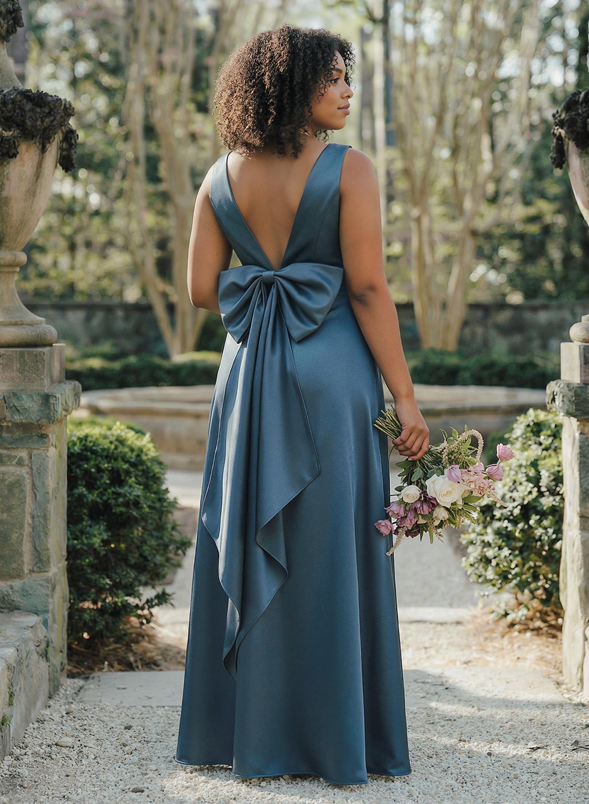 A-Line V-Neck Sleeveless Floor-Length Satin Bridesmaid Dresses With Bow