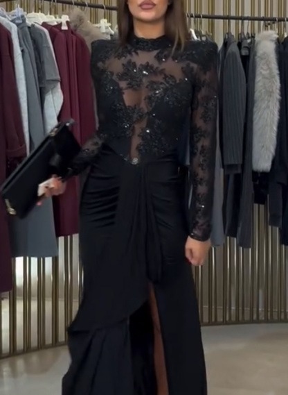 Sheath Column High Neck Long Sleeves Floor-Length Lace Crepe Satin Evening Dresses in Black, US2
