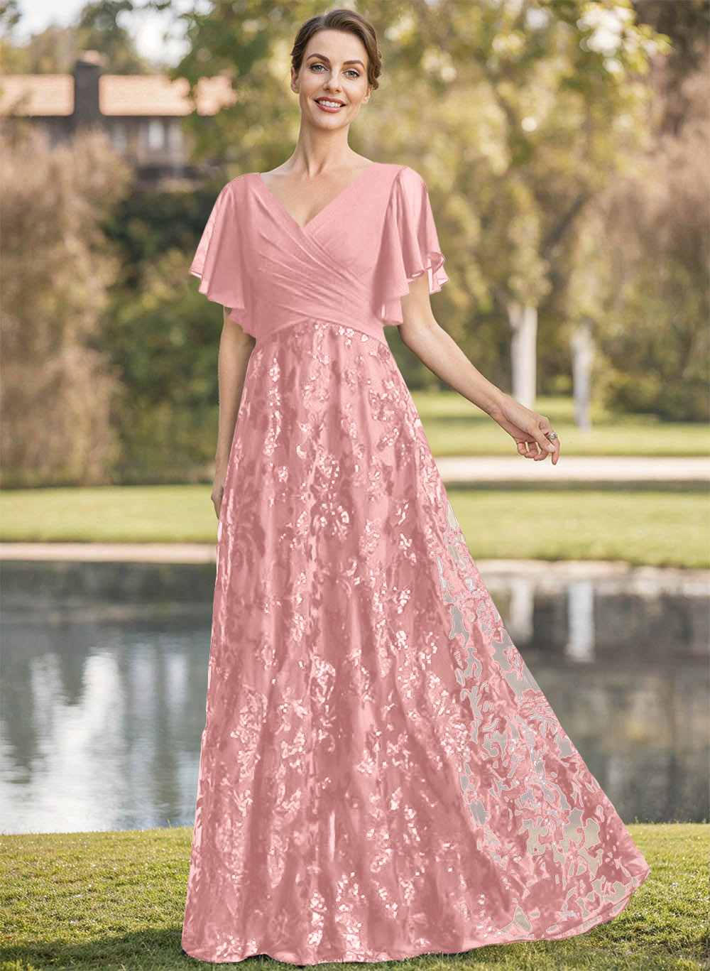 Exquisite Flutter Sleeve V-Neck Mother Of The Bride Dresses With Floral Embroidered Skirt