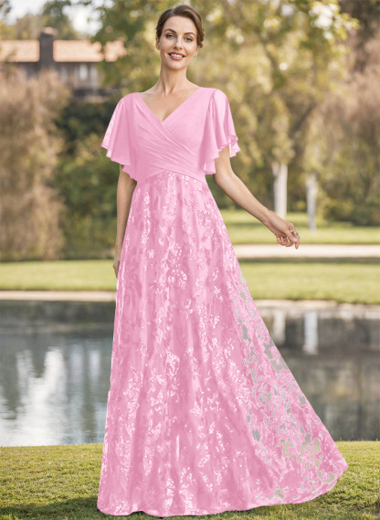 Exquisite Flutter Sleeve V-Neck Mother Of The Bride Dresses With Floral Embroidered Skirt