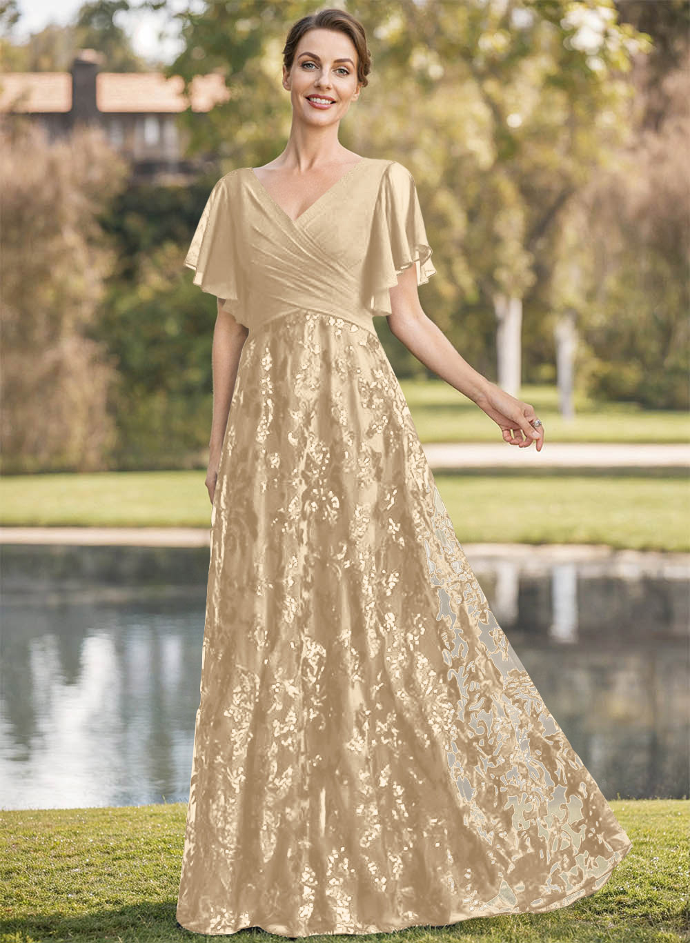 Exquisite Flutter Sleeve V-Neck Mother Of The Bride Dresses With Floral Embroidered Skirt