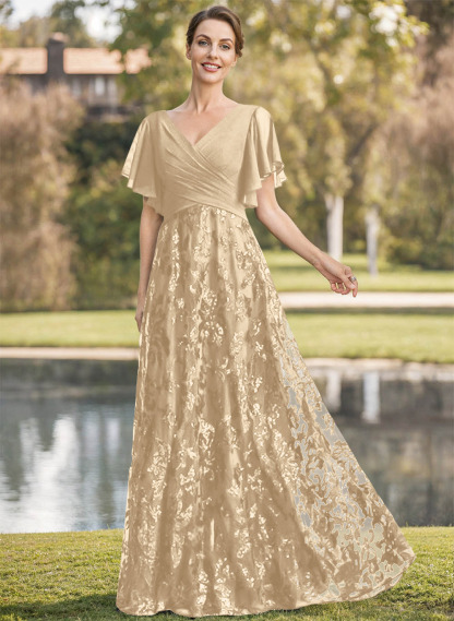 Exquisite Flutter Sleeve V-Neck Mother Of The Bride Dresses With Floral Embroidered Skirt
