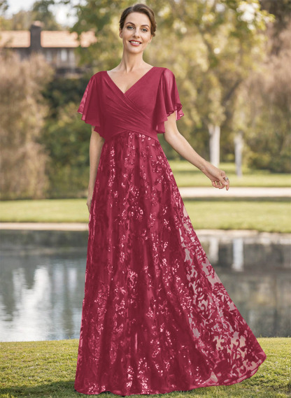 Exquisite Flutter Sleeve V-Neck Mother Of The Bride Dresses With Floral Embroidered Skirt