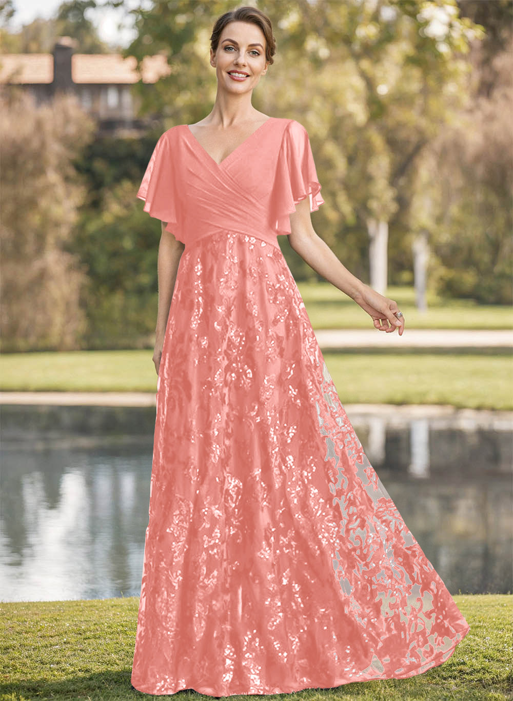 Exquisite Flutter Sleeve V-Neck Mother Of The Bride Dresses With Floral Embroidered Skirt
