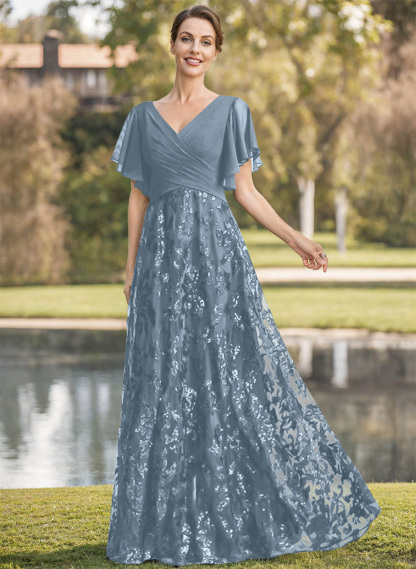 Exquisite Flutter Sleeve V-Neck Mother Of The Bride Dresses With Floral Embroidered Skirt