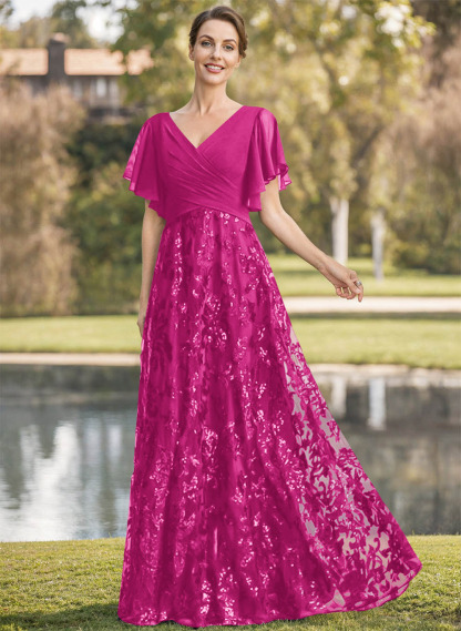 Exquisite Flutter Sleeve V-Neck Mother Of The Bride Dresses With Floral Embroidered Skirt