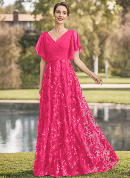 Exquisite Flutter Sleeve V-Neck Mother Of The Bride Dresses With Floral Embroidered Skirt