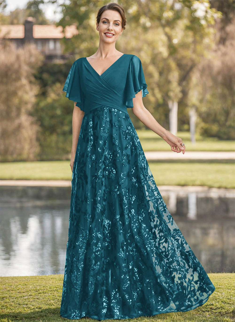 Exquisite Flutter Sleeve V-Neck Mother Of The Bride Dresses With Floral Embroidered Skirt