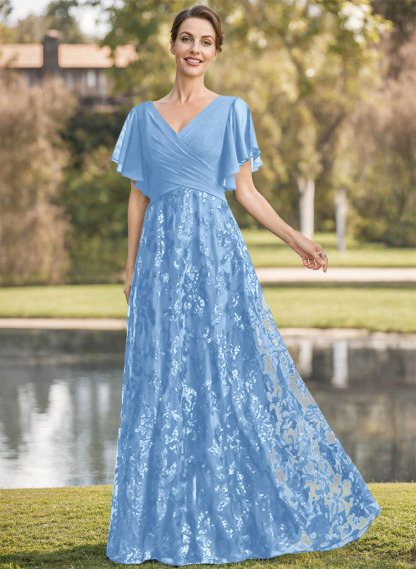 Exquisite Flutter Sleeve V-Neck Mother Of The Bride Dresses With Floral Embroidered Skirt