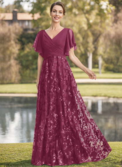 Exquisite Flutter Sleeve V-Neck Mother Of The Bride Dresses With Floral Embroidered Skirt