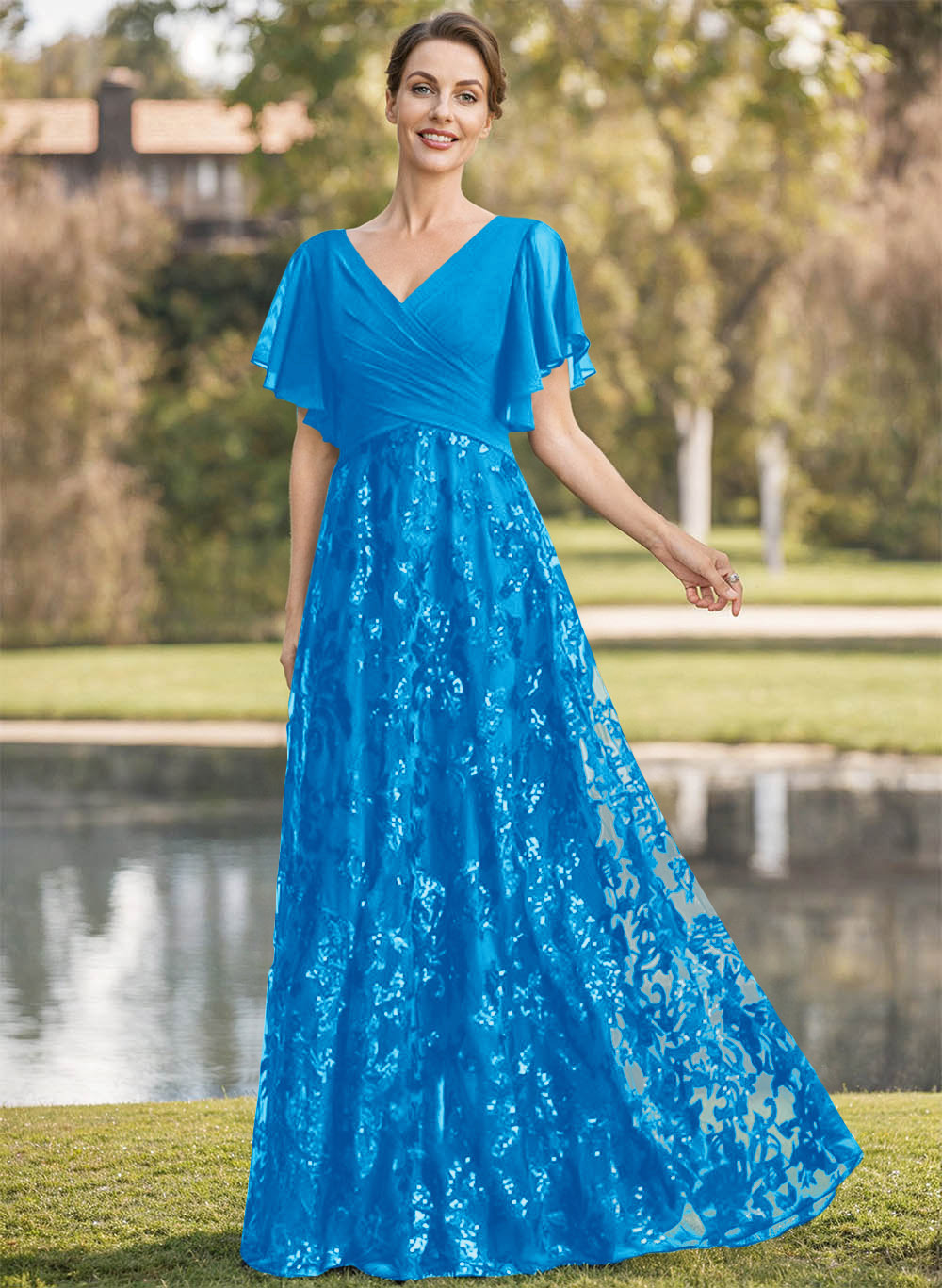 Exquisite Flutter Sleeve V-Neck Mother Of The Bride Dresses With Floral Embroidered Skirt