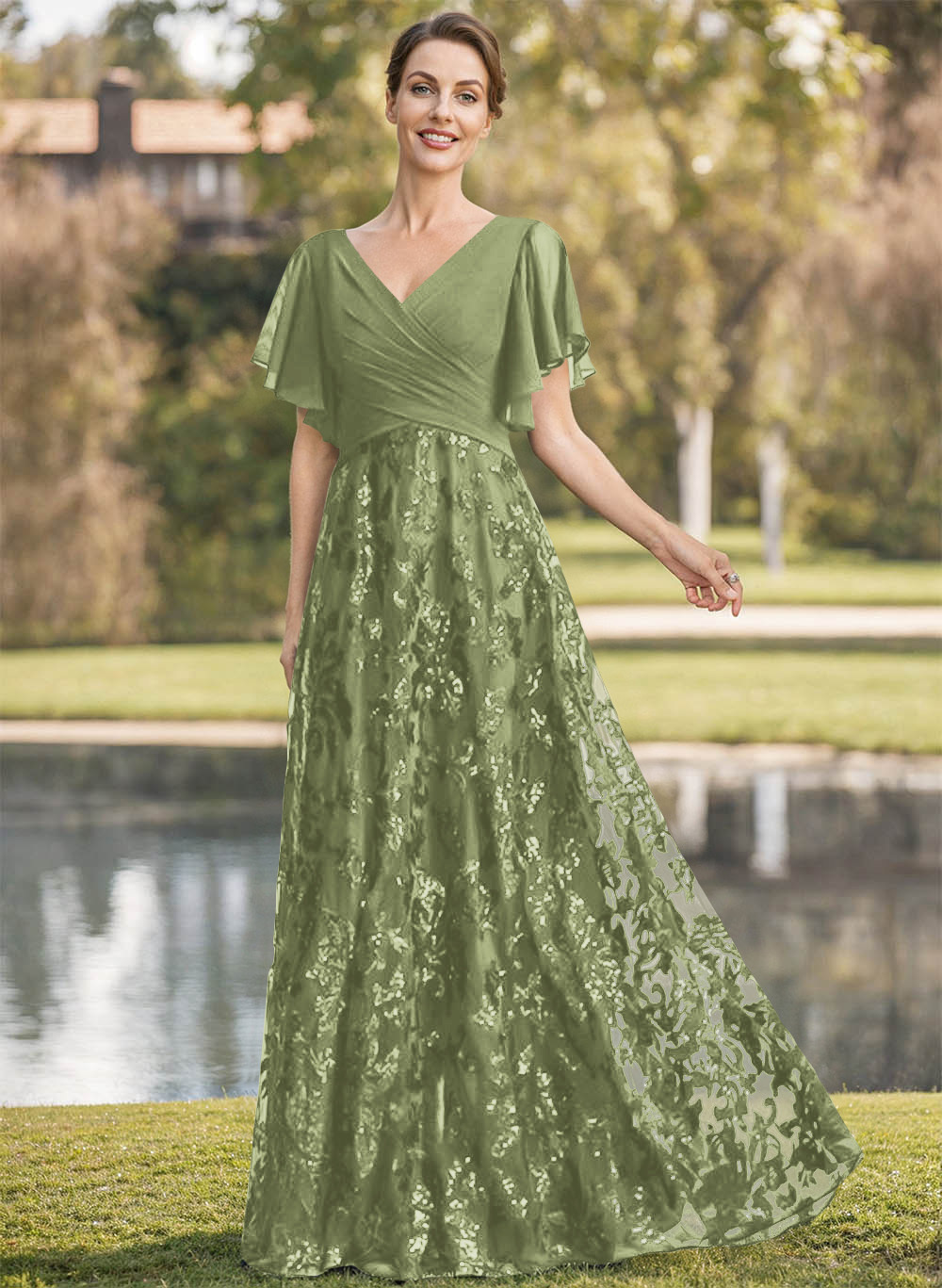 Exquisite Flutter Sleeve V-Neck Mother Of The Bride Dresses With Floral Embroidered Skirt