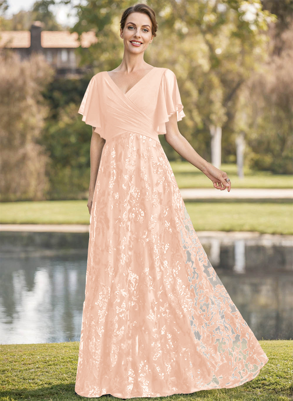 Exquisite Flutter Sleeve V-Neck Mother Of The Bride Dresses With Floral Embroidered Skirt