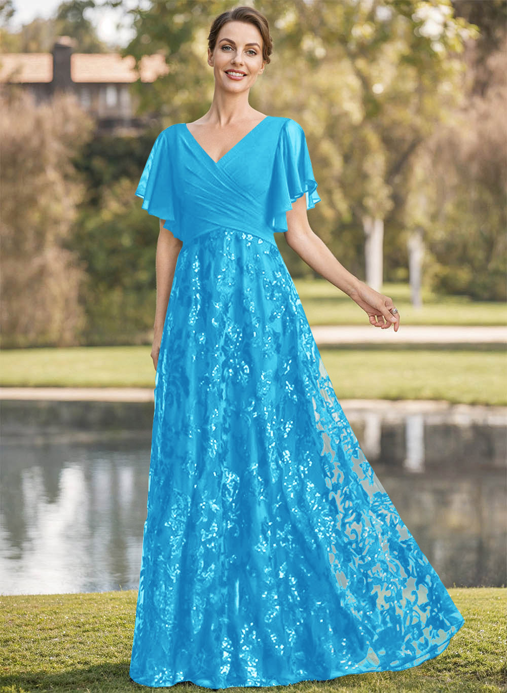 Exquisite Flutter Sleeve V-Neck Mother Of The Bride Dresses With Floral Embroidered Skirt