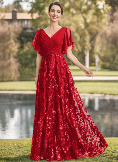 Exquisite Flutter Sleeve V-Neck Mother Of The Bride Dresses With Floral Embroidered Skirt