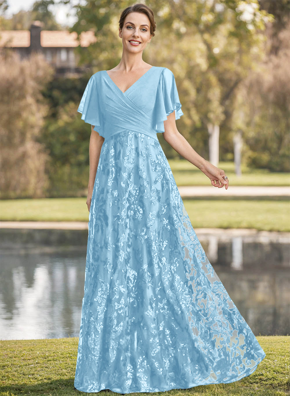 Exquisite Flutter Sleeve V-Neck Mother Of The Bride Dresses With Floral Embroidered Skirt