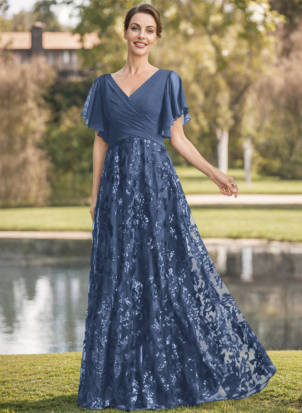 Exquisite Flutter Sleeve V-Neck Mother Of The Bride Dresses With Floral Embroidered Skirt