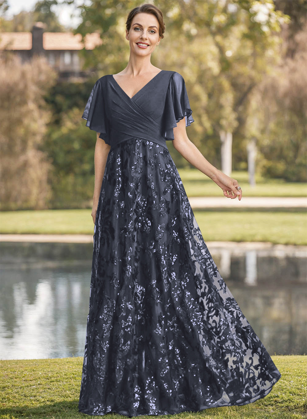 Exquisite Flutter Sleeve V-Neck Mother Of The Bride Dresses With Floral Embroidered Skirt