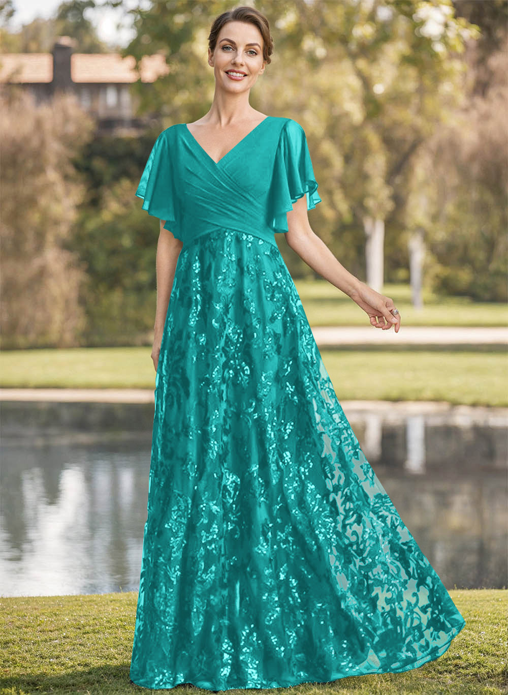 Exquisite Flutter Sleeve V-Neck Mother Of The Bride Dresses With Floral Embroidered Skirt