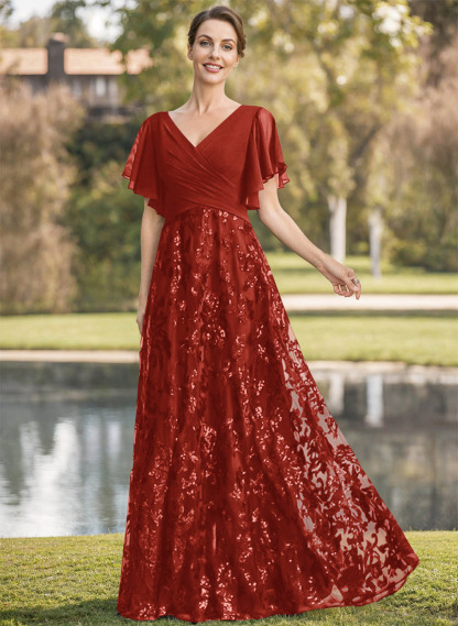 Exquisite Flutter Sleeve V-Neck Mother Of The Bride Dresses With Floral Embroidered Skirt