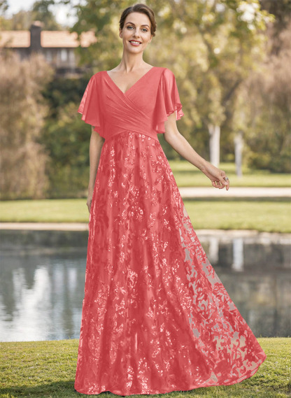 Exquisite Flutter Sleeve V-Neck Mother Of The Bride Dresses With Floral Embroidered Skirt