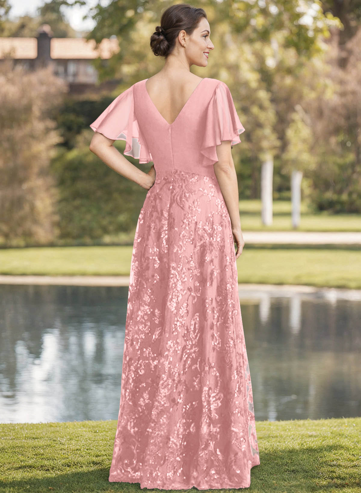 Exquisite Flutter Sleeve V-Neck Mother Of The Bride Dresses With Floral Embroidered Skirt